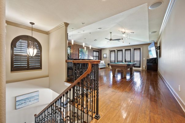 Billiard Table, Game Room, Interior, Pendant Lights, Recessed Lighting, Wood Texture Flooring