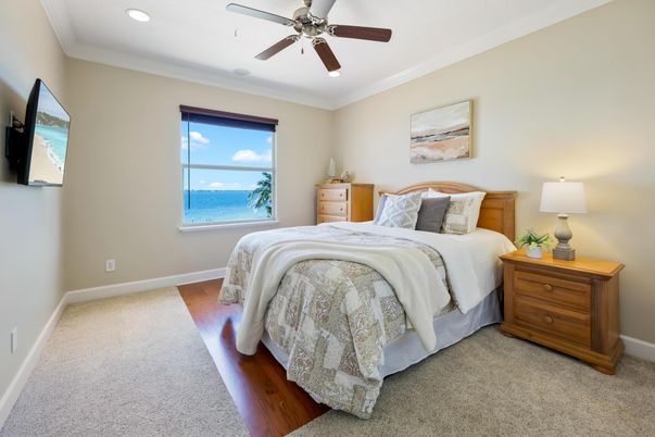 Bedroom, Interior, Recessed Lighting, Water, Wood Texture Flooring