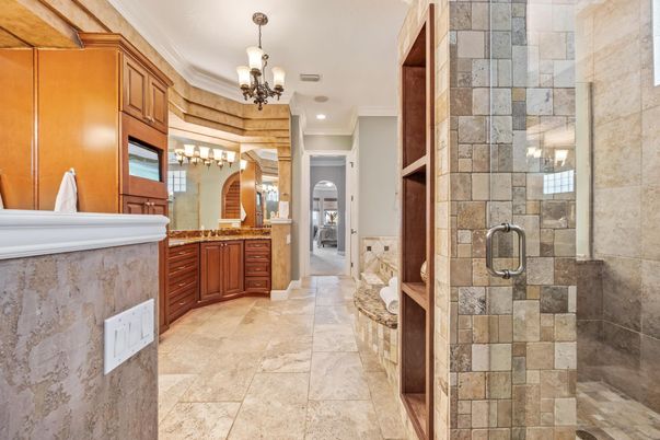 Bathroom, Chandelier, Interior, Recessed Lighting, Stone Walls