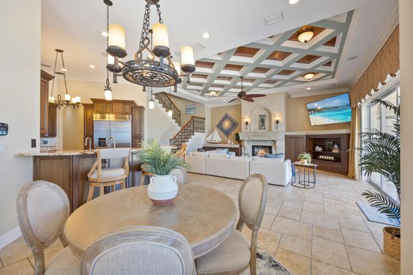 Chandelier, Dining room, Fireplace, Interior, Kitchen, Living room, Pendant Lights, Recessed Lighting