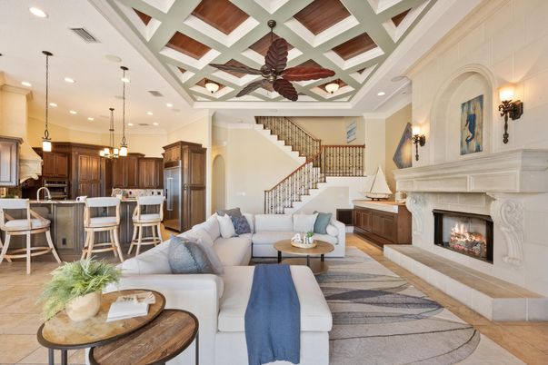 Fireplace, Interior, Kitchen, Living room, Pendant Lights, Recessed Lighting, Stainless Steel Appliances