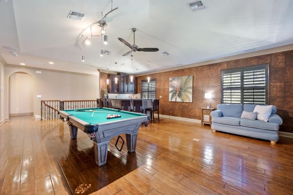 Billiard Table, Game Room, Interior, Pendant Lights, Recessed Lighting, Wood Texture Flooring