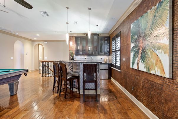 Billiard Table, Game Room, Interior, Pendant Lights, Recessed Lighting, Wood Texture Flooring