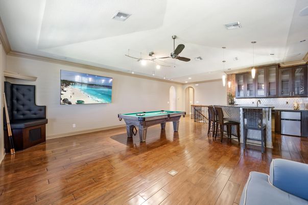 Billiard Table, Game Room, Interior, Pendant Lights, Recessed Lighting, Wood Texture Flooring