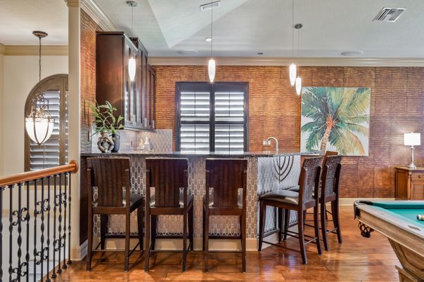 Billiard Table, Game Room, Interior, Pendant Lights, Recessed Lighting, Stone Walls, Wood Texture Flooring
