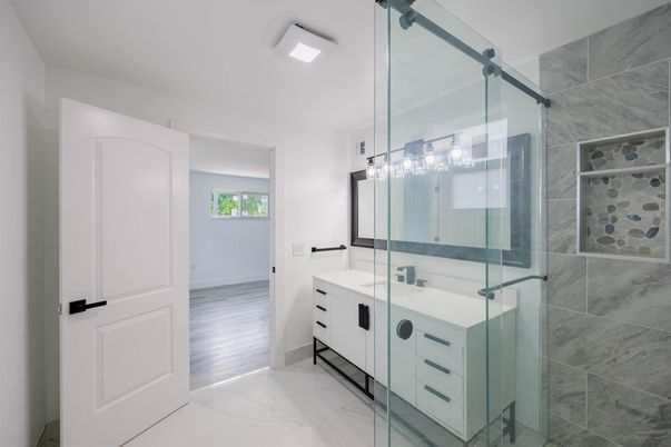 Bathroom, Glass Shower, Interior, Marble, Wood Texture Flooring