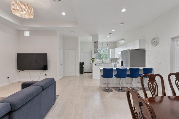 Interior, Kitchen, Living room, Recessed Lighting, Wood Texture Flooring