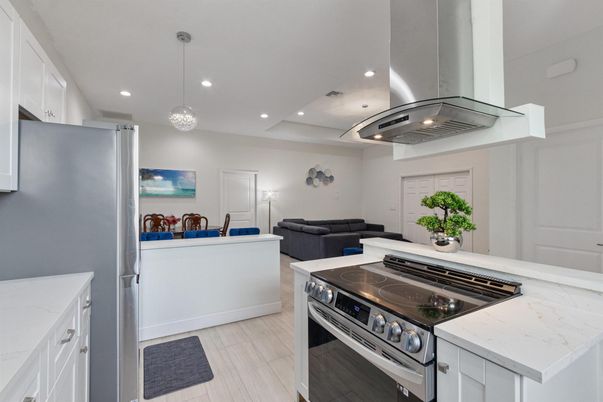 Interior, Kitchen, Living room, Pendant Lights, Recessed Lighting, Stainless Steel Appliances, Wood Texture Flooring