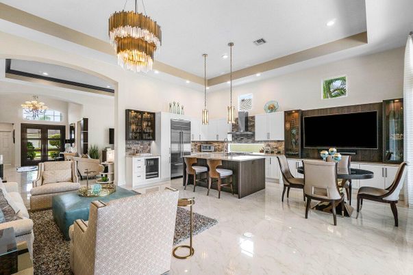 Chandelier, Dining room, Interior, Kitchen, Living room, Marble, Pendant Lights, Recessed Lighting