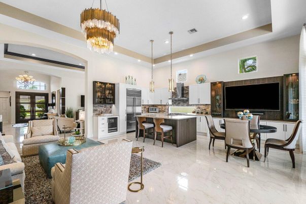 Chandelier, Dining room, Interior, Kitchen, Living room, Marble, Pendant Lights, Recessed Lighting