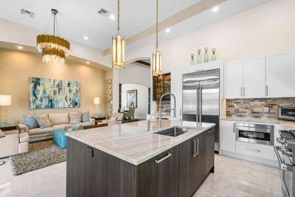 Interior, Kitchen, Living room, Marble, Pendant Lights, Recessed Lighting, Stainless Steel Appliances