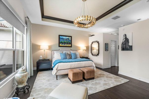 Bedroom, Interior, Pendant Lights, Wood Texture Flooring