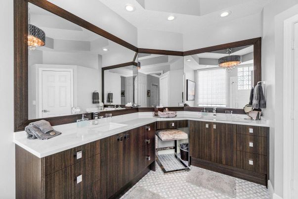 Bathroom, Chandelier, Dual Sink Vanities, Interior, Recessed Lighting