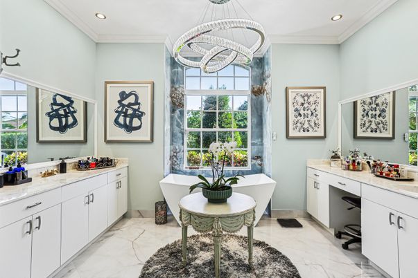 Bathroom, Dual Sink Vanities, Free Standing Baths, Interior, Marble, Recessed Lighting