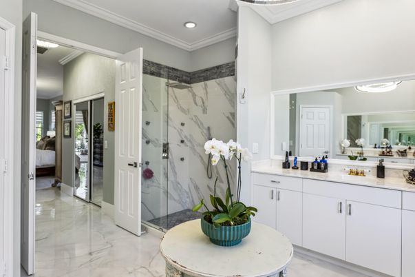 Bathroom, Glass Shower, Interior, Marble, Marble Walls, Recessed Lighting