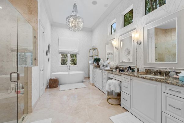 Bathroom, Chandelier, Dual Sink Vanities, Free Standing Baths, Glass Shower, Interior, Pendant Lights