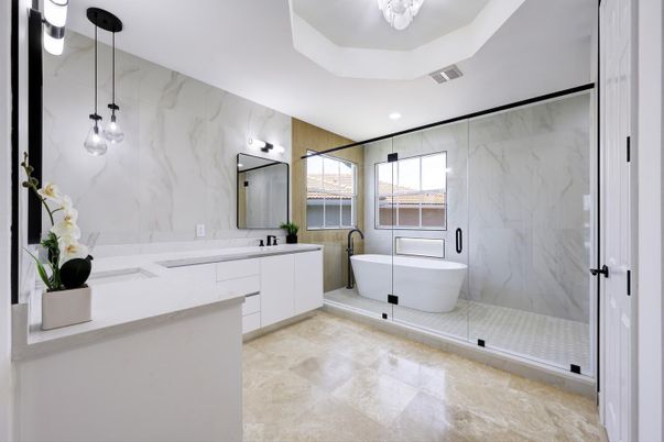 Bathroom, Dual Sink Vanities, Free Standing Baths, Glass Shower, Interior, Marble Walls, Recessed Lighting