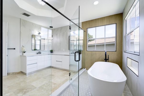 Bathroom, Dual Sink Vanities, Free Standing Baths, Glass Shower, Interior, Marble Walls, Recessed Lighting