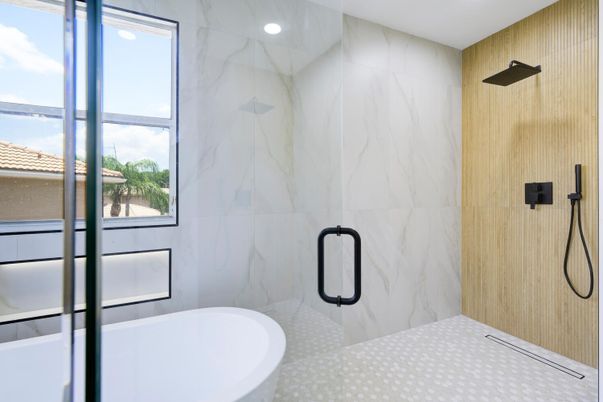 Bathroom, Glass Shower, Interior, Marble Walls, Recessed Lighting
