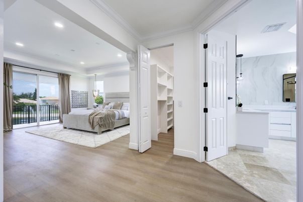 Bedroom, Interior, Marble Walls, Recessed Lighting, Wood Texture Flooring
