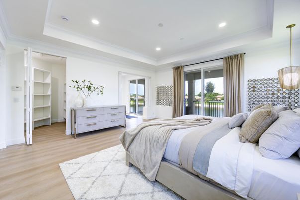 Bedroom, Interior, Pendant Lights, Recessed Lighting, Wood Texture Flooring
