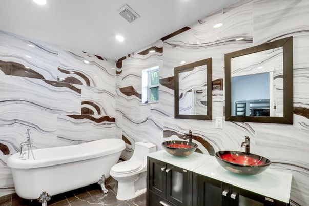Bathroom, Free Standing Baths, Interior, Marble Walls, Recessed Lighting