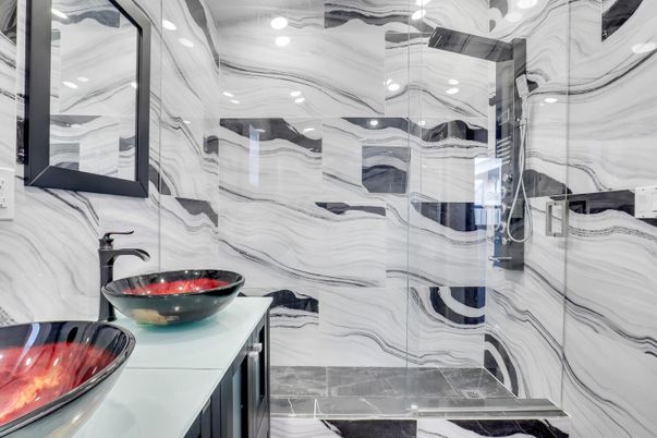 Bathroom, Glass Shower, Interior, Marble Walls, Recessed Lighting