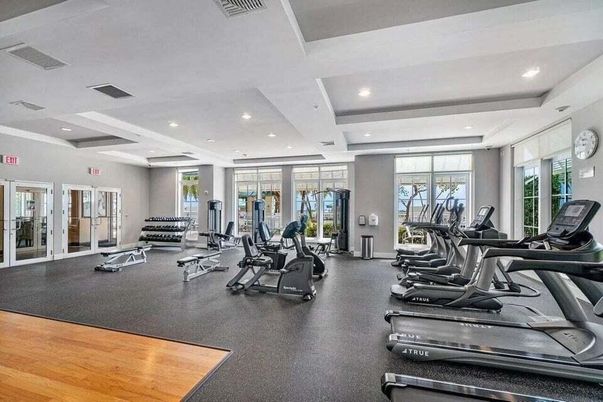 Fitness Equipment, Gym, Interior, Recessed Lighting, Wood Texture Flooring