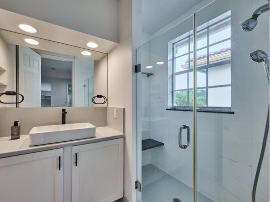 Bathroom, Glass Shower, Interior, Recessed Lighting