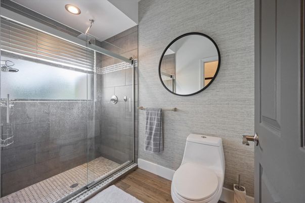Bathroom, Glass Shower, Interior, Recessed Lighting, Wood Texture Flooring