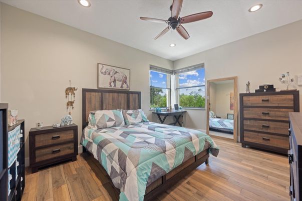 Bedroom, Interior, Recessed Lighting, Wood Texture Flooring