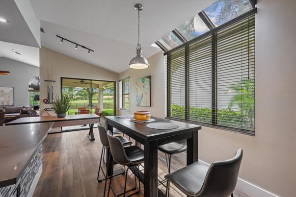 Dining room, Glass Ceilings, Interior, Pendant Lights, Recessed Lighting, Sun Room, Wood Texture Flooring