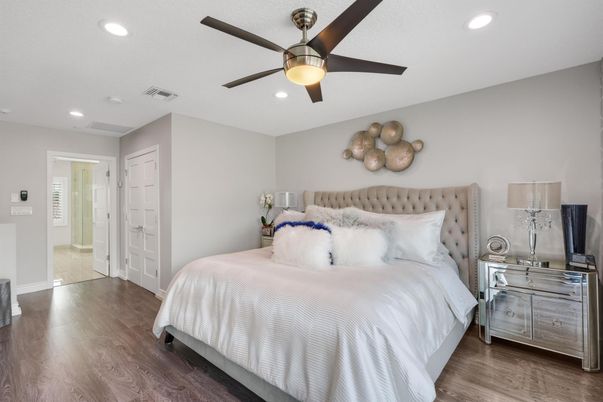 Bedroom, Interior, Recessed Lighting, Wood Texture Flooring