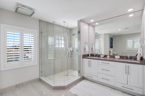 Bathroom, Dual Sink Vanities, Glass Shower, Interior, Recessed Lighting