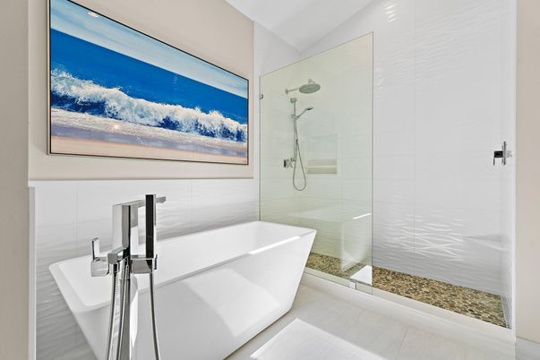 Bathroom, Free Standing Baths, Glass Shower, Interior, Recessed Lighting