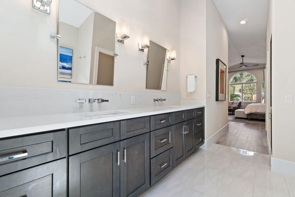 Bathroom, Bedroom, Dual Sink Vanities, Interior, Recessed Lighting, Wood Texture Flooring