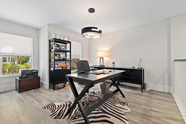 Home Office, Interior, Pendant Lights, Wood Texture Flooring