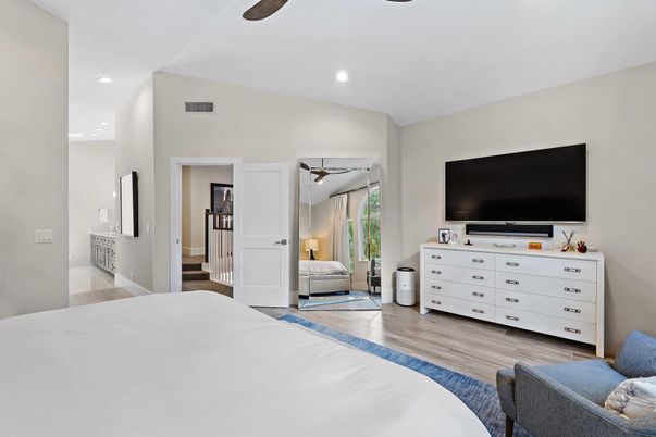 Bedroom, Interior, Recessed Lighting, Wood Texture Flooring
