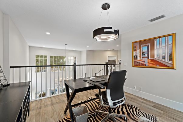 Home Office, Interior, Pendant Lights, Recessed Lighting, Wood Texture Flooring