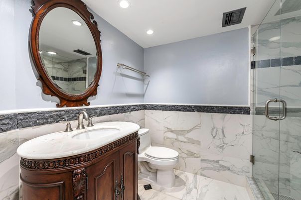 Bathroom, Glass Shower, Interior, Marble, Marble Walls, Recessed Lighting