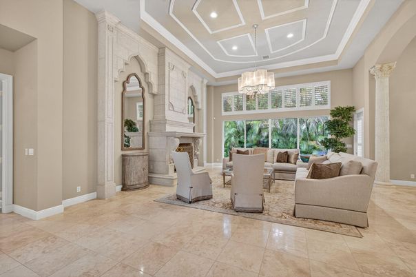 Chandelier, Fireplace, Interior, Living room, Recessed Lighting