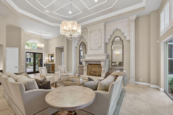 Chandelier, Fireplace, Interior, Living room, Recessed Lighting