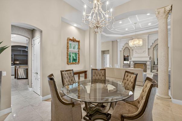 Chandelier, Dining room, Fireplace, Interior, Recessed Lighting