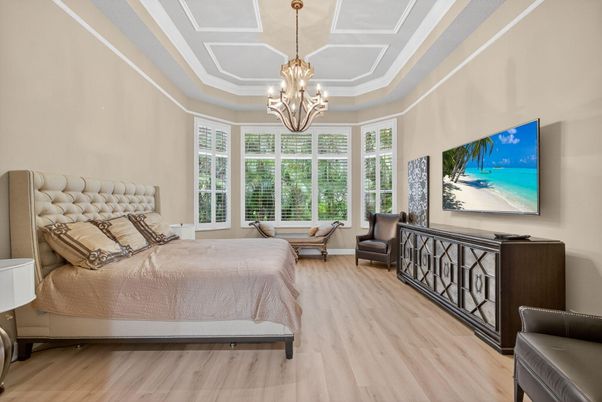 Bedroom, Chandelier, Interior, Wood Texture Flooring