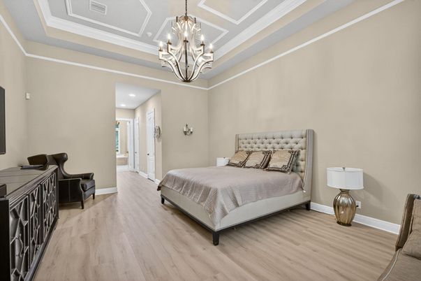 Bedroom, Chandelier, Interior, Recessed Lighting, Wood Texture Flooring