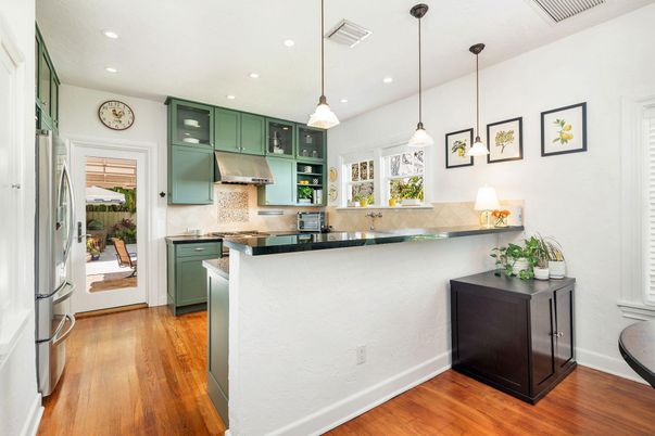 Interior, Kitchen, Pendant Lights, Recessed Lighting, Stainless Steel Appliances, Wood Texture Flooring