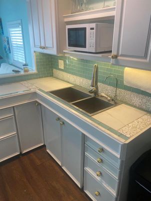 Interior, Kitchen, Tile Countertops, Wood Texture Flooring
