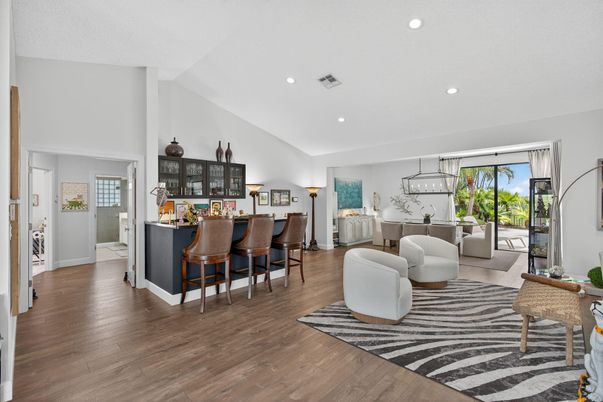 Dining room, Interior, Living room, Pendant Lights, Recessed Lighting, Wood Texture Flooring