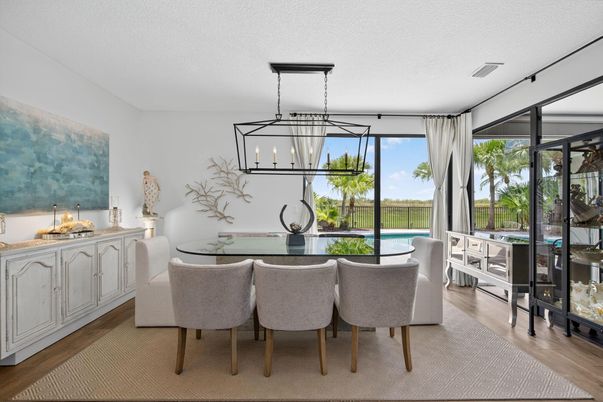 Dining room, Interior, Pendant Lights, Wood Texture Flooring