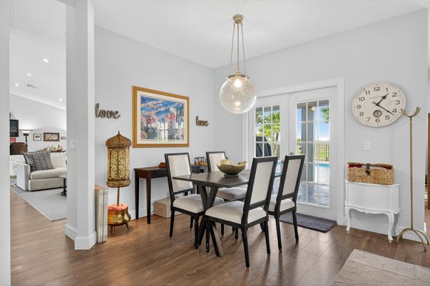 Dining room, Interior, Pendant Lights, Recessed Lighting, Wood Texture Flooring